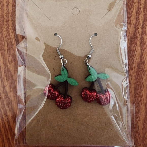 Glitter Cherry Dangle Earrings - Red and Green Stainless-Steel Fishhook Earrings - Picture 1 of 5